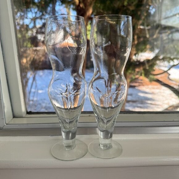 Vtg Clear Nude Nudies Female Torso Champagne Flutes Set Of 2 7 oz Clear - Picture 9 of 10